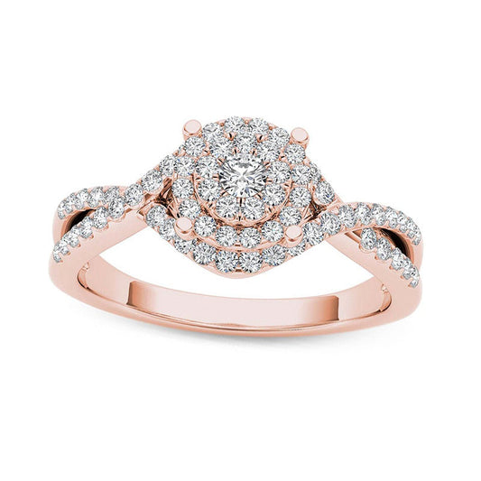 0.50 CT. T.W. Natural Diamond Double Frame Crossover Engagement Ring in Solid 14K Rose Gold