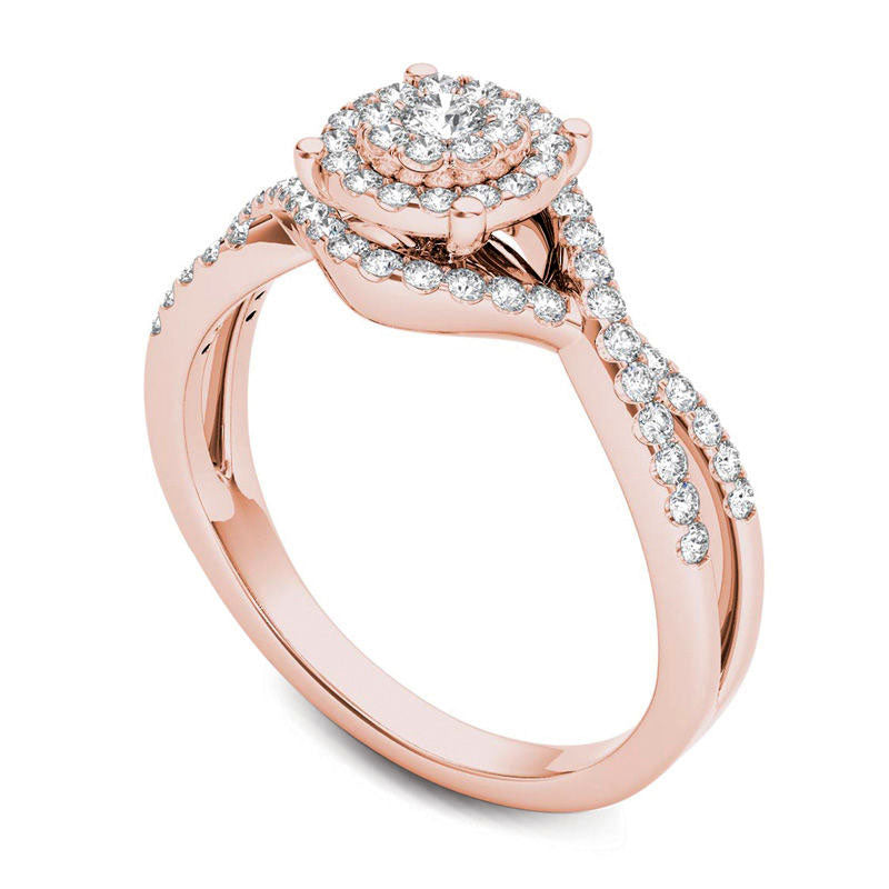 0.50 CT. T.W. Natural Diamond Double Frame Crossover Engagement Ring in Solid 14K Rose Gold