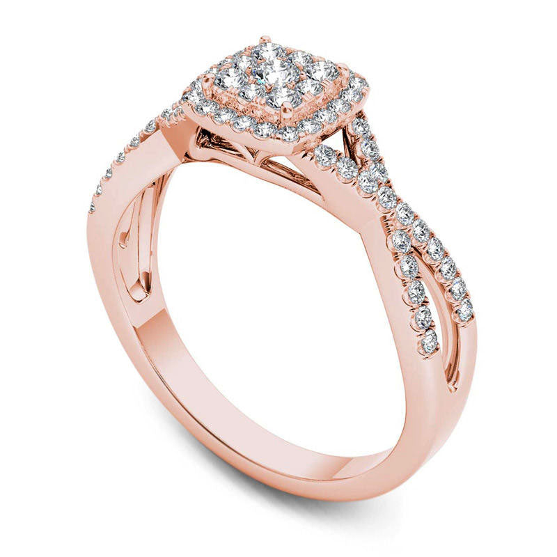 0.38 CT. T.W. Composite Natural Diamond Square Frame Crossover Engagement Ring in Solid 14K Rose Gold