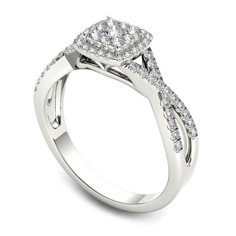 0.38 CT. T.W. Composite Natural Diamond Square Frame Crossover Engagement Ring in Solid 14K White Gold