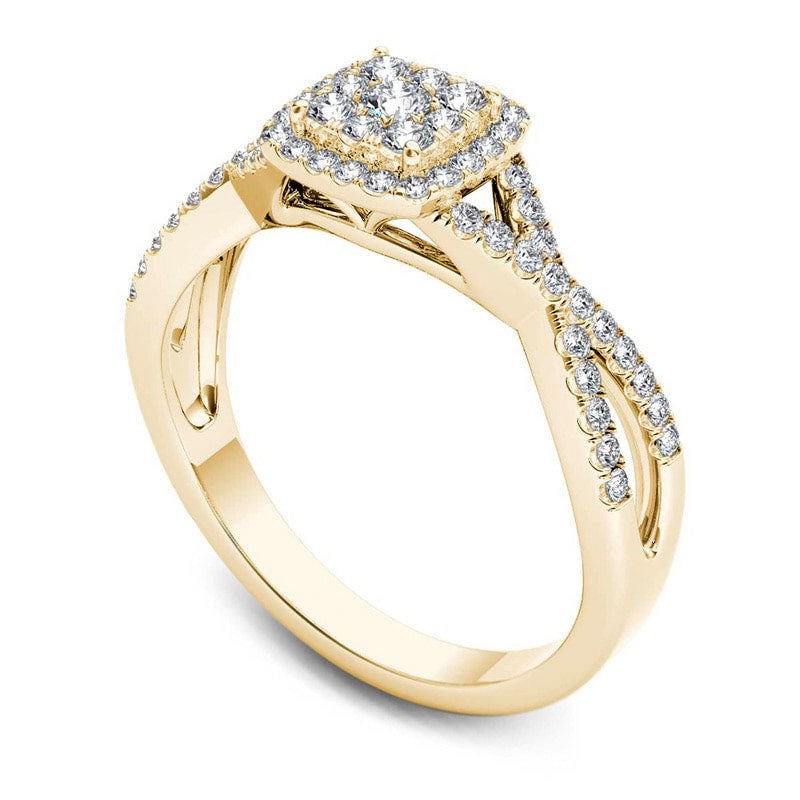 0.38 CT. T.W. Composite Natural Diamond Square Frame Crossover Engagement Ring in Solid 14K Gold