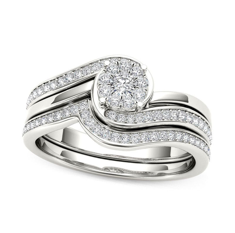 0.50 CT. T.W. Composite Natural Diamond Flower Bypass Bridal Engagement Ring Set in Solid 14K White Gold