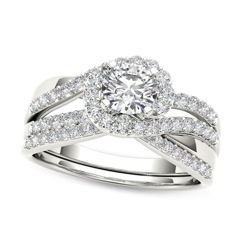 1.0 CT. T.W. Natural Diamond Swirl Bypass Bridal Engagement Ring Set in Solid 14K White Gold