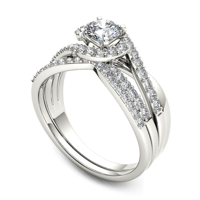 1.0 CT. T.W. Natural Diamond Swirl Bypass Bridal Engagement Ring Set in Solid 14K White Gold