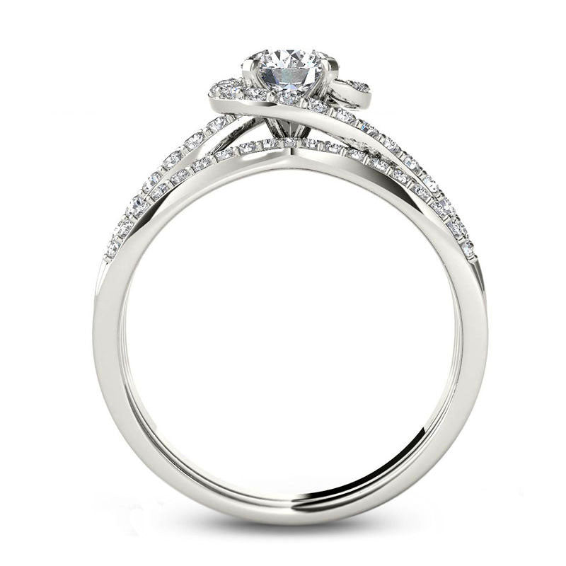 1.0 CT. T.W. Natural Diamond Swirl Bypass Bridal Engagement Ring Set in Solid 14K White Gold