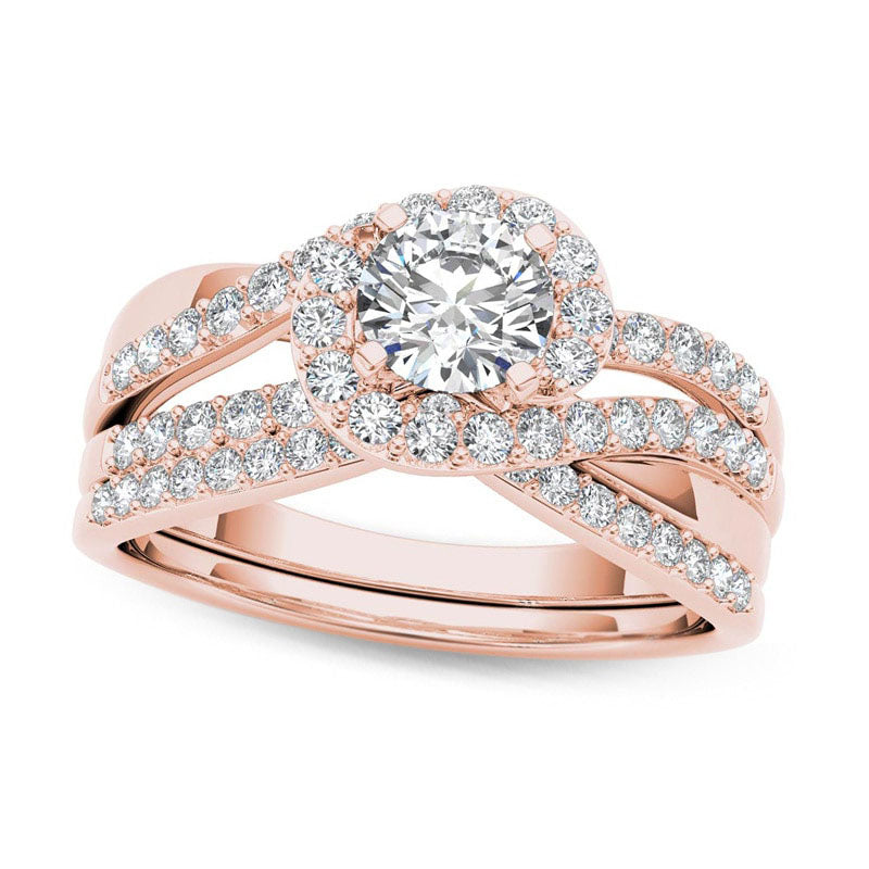 1.0 CT. T.W. Natural Diamond Swirl Bypass Bridal Engagement Ring Set in Solid 14K Rose Gold