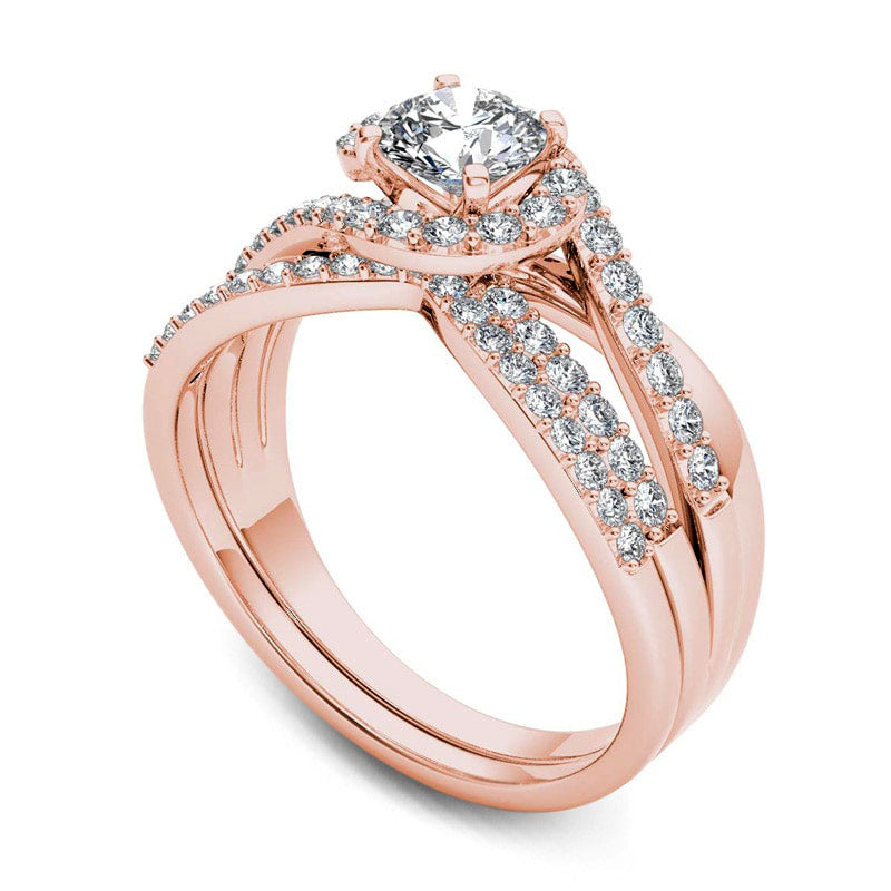 1.0 CT. T.W. Natural Diamond Swirl Bypass Bridal Engagement Ring Set in Solid 14K Rose Gold