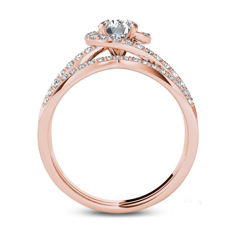 1.0 CT. T.W. Natural Diamond Swirl Bypass Bridal Engagement Ring Set in Solid 14K Rose Gold