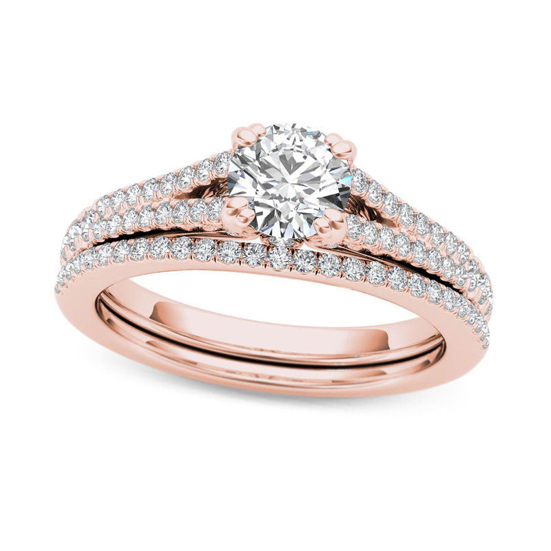 1.0 CT. T.W. Natural Diamond Split Shank Bridal Engagement Ring Set in Solid 14K Rose Gold