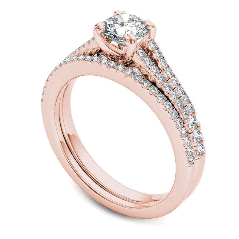 1.0 CT. T.W. Natural Diamond Split Shank Bridal Engagement Ring Set in Solid 14K Rose Gold