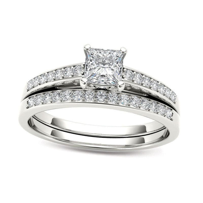 0.63 CT. T.W. Princess-Cut Natural Diamond Bridal Engagement Ring Set in Solid 14K White Gold