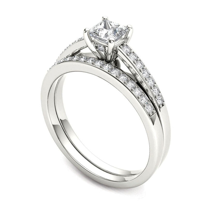 0.63 CT. T.W. Princess-Cut Natural Diamond Bridal Engagement Ring Set in Solid 14K White Gold