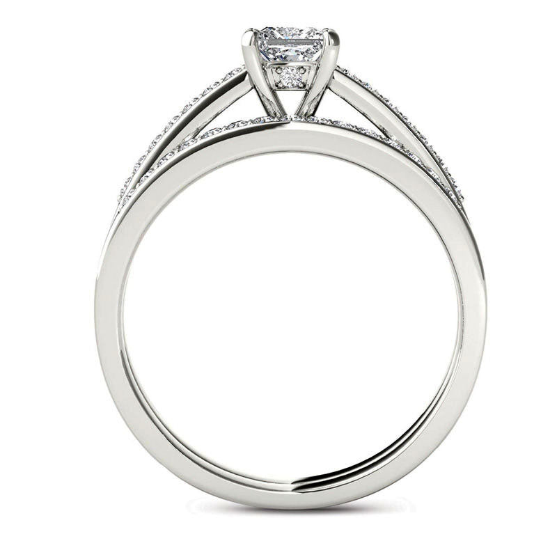 0.63 CT. T.W. Princess-Cut Natural Diamond Bridal Engagement Ring Set in Solid 14K White Gold