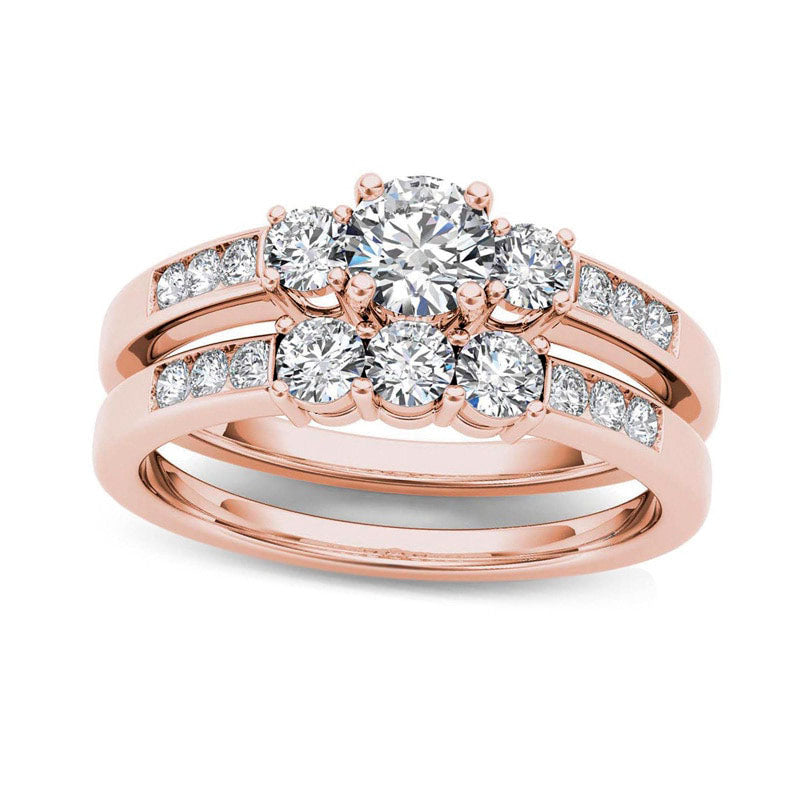 1.0 CT. T.W. Natural Diamond Three Stone Bridal Engagement Ring Set in Solid 14K Rose Gold