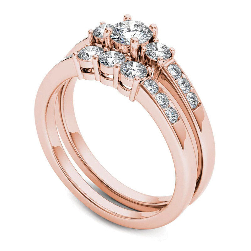 1.0 CT. T.W. Natural Diamond Three Stone Bridal Engagement Ring Set in Solid 14K Rose Gold