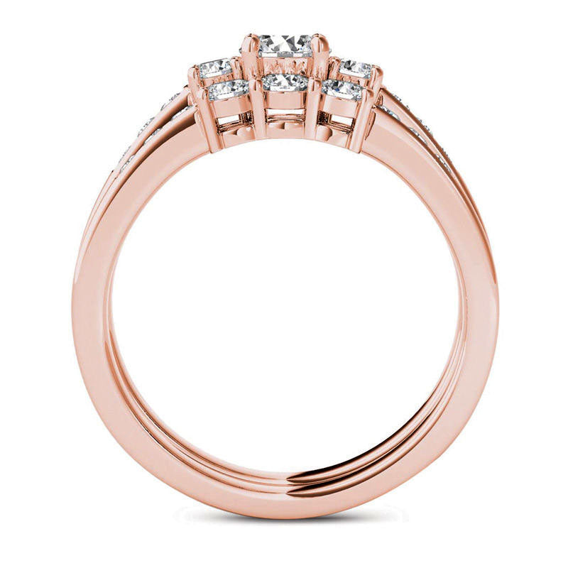 1.0 CT. T.W. Natural Diamond Three Stone Bridal Engagement Ring Set in Solid 14K Rose Gold