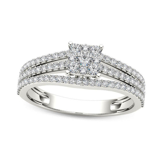 0.63 CT. T.W. Square Composite Natural Diamond Three Row Engagement Ring in Solid 14K White Gold