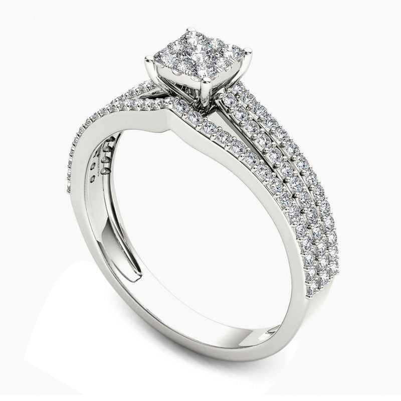 0.63 CT. T.W. Square Composite Natural Diamond Three Row Engagement Ring in Solid 14K White Gold