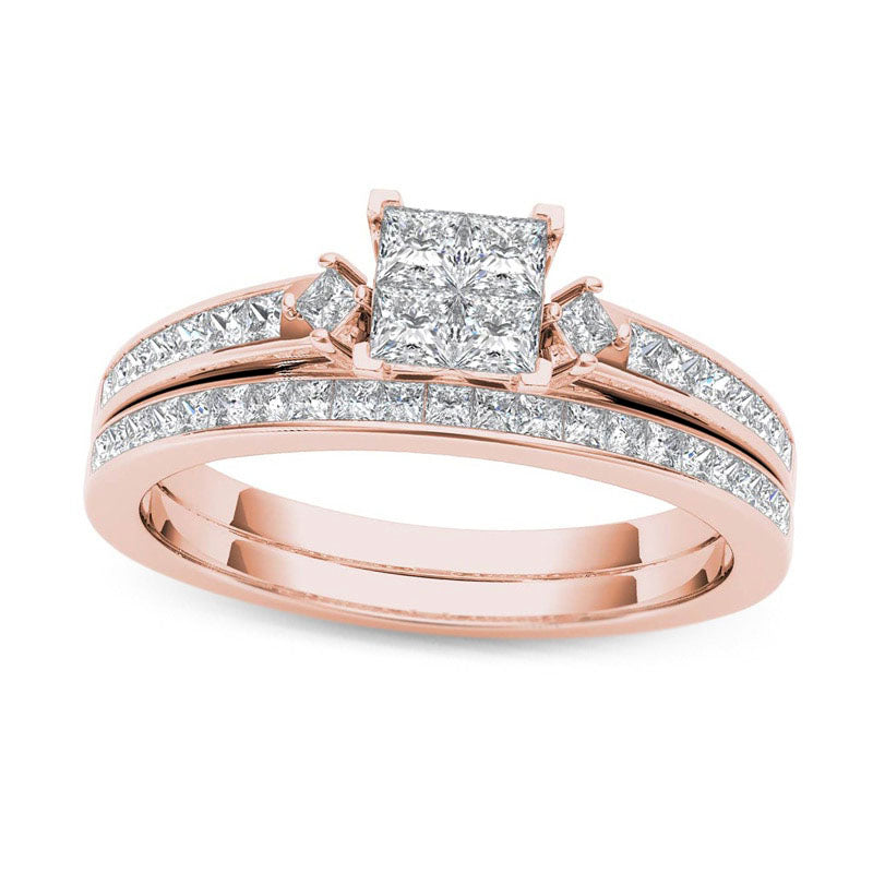 0.75 CT. T.W. Quad Princess-Cut Natural Diamond Bridal Engagement Ring Set in Solid 14K Rose Gold