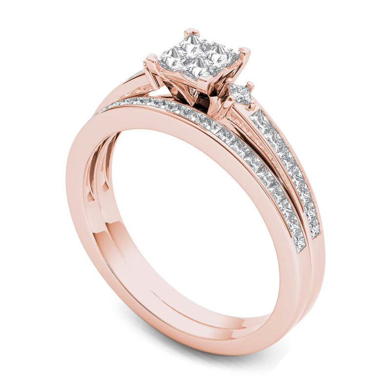 0.75 CT. T.W. Quad Princess-Cut Natural Diamond Bridal Engagement Ring Set in Solid 14K Rose Gold