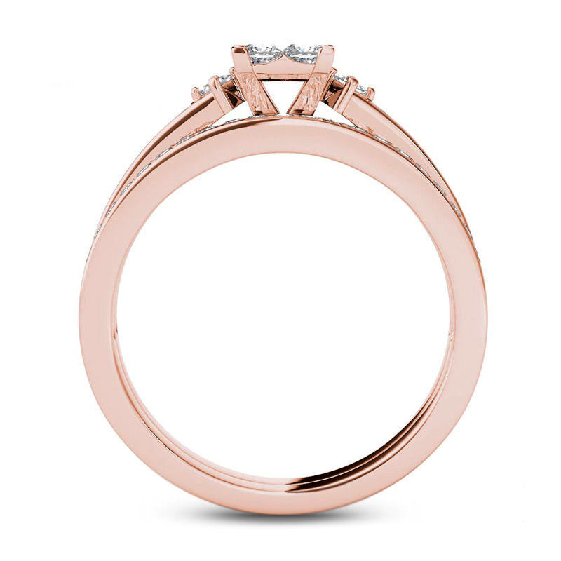 0.75 CT. T.W. Quad Princess-Cut Natural Diamond Bridal Engagement Ring Set in Solid 14K Rose Gold