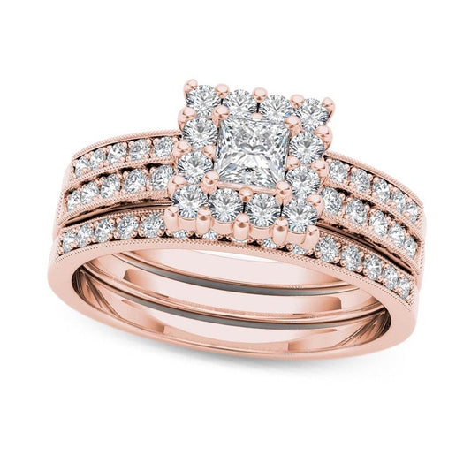 0.88 CT. T.W. Princess-Cut Natural Diamond Frame Three Piece Bridal Engagement Ring Set in Solid 14K Rose Gold