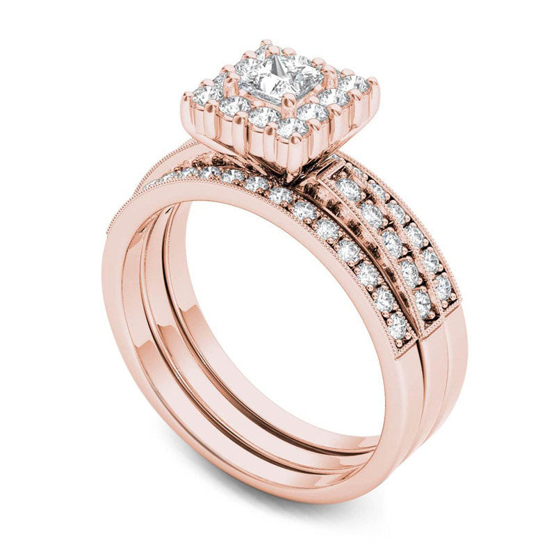 0.88 CT. T.W. Princess-Cut Natural Diamond Frame Three Piece Bridal Engagement Ring Set in Solid 14K Rose Gold