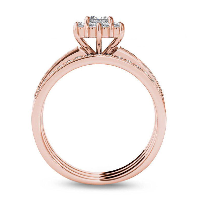 0.88 CT. T.W. Princess-Cut Natural Diamond Frame Three Piece Bridal Engagement Ring Set in Solid 14K Rose Gold