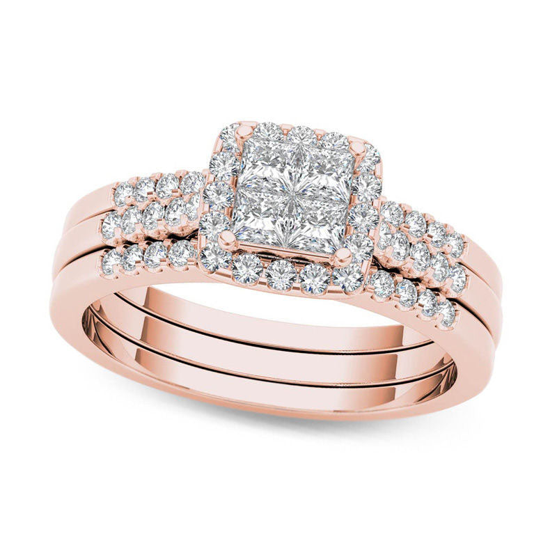 0.75 CT. T.W. Quad Princess-Cut Natural Diamond Frame Three Piece Bridal Engagement Ring Set in Solid 14K Rose Gold