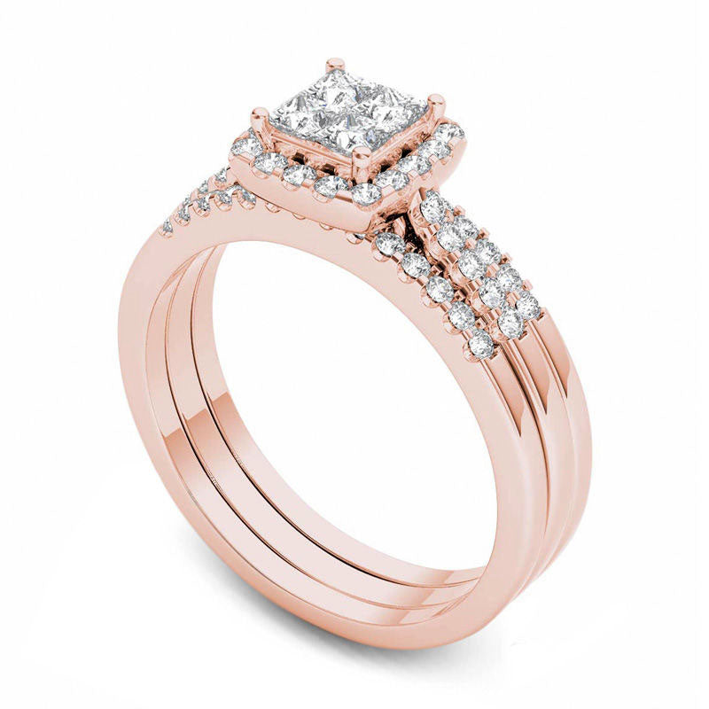 0.75 CT. T.W. Quad Princess-Cut Natural Diamond Frame Three Piece Bridal Engagement Ring Set in Solid 14K Rose Gold