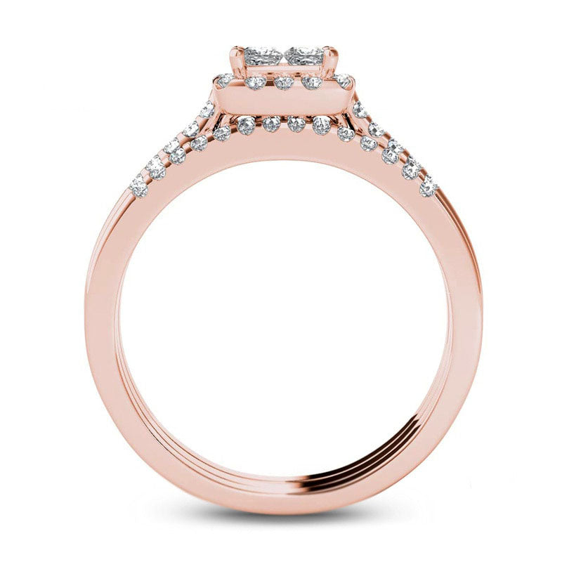 0.75 CT. T.W. Quad Princess-Cut Natural Diamond Frame Three Piece Bridal Engagement Ring Set in Solid 14K Rose Gold