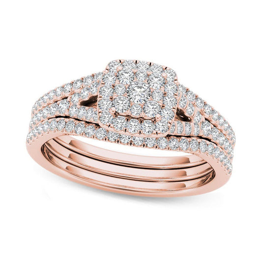 0.75 CT. T.W. Composite Natural Diamond Cushion Frame Three Piece Bridal Engagement Ring Set in Solid 14K Rose Gold