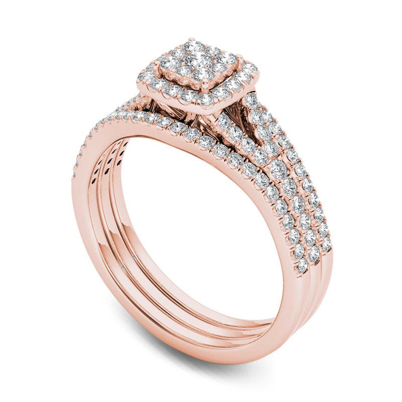 0.75 CT. T.W. Composite Natural Diamond Cushion Frame Three Piece Bridal Engagement Ring Set in Solid 14K Rose Gold