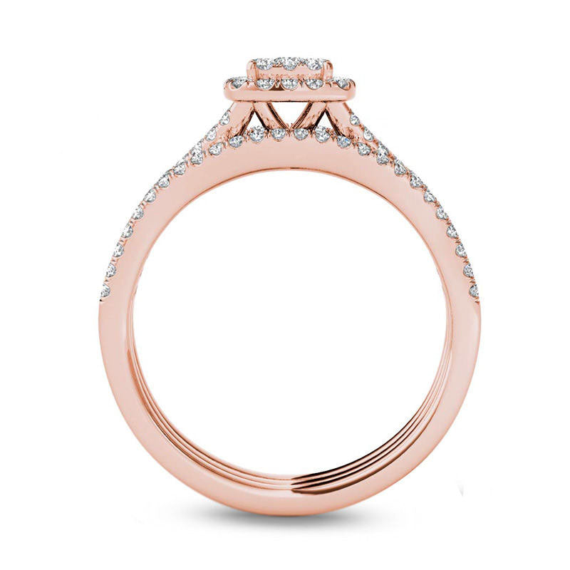 0.75 CT. T.W. Composite Natural Diamond Cushion Frame Three Piece Bridal Engagement Ring Set in Solid 14K Rose Gold