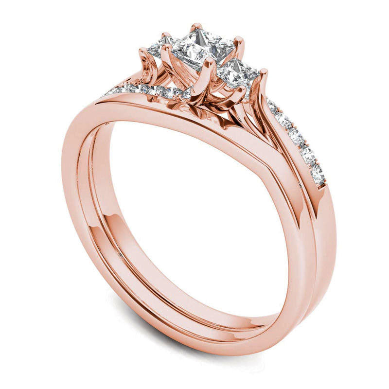 0.50 CT. T.W. Princess-Cut Natural Diamond Three Stone Bypass Bridal Engagement Ring Set in Solid 14K Rose Gold