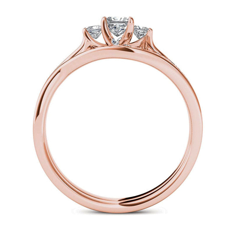 0.50 CT. T.W. Princess-Cut Natural Diamond Three Stone Bypass Bridal Engagement Ring Set in Solid 14K Rose Gold