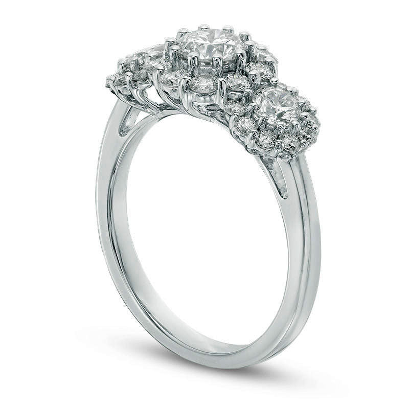 1.25 CT. T.W. Natural Diamond Three Stone Frame Engagement Ring in Solid 14K White Gold