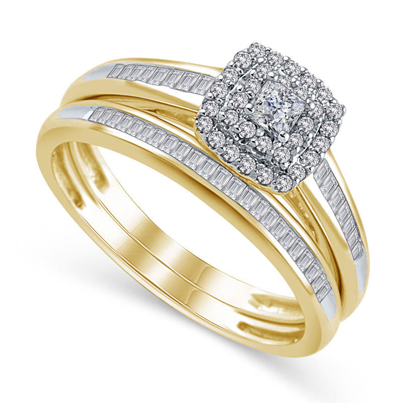 0.50 CT. T.W. Princess-Cut Natural Diamond Double Frame Bridal Engagement Ring Set in Solid 10K Yellow Gold