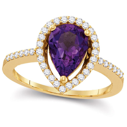 Pear-Shaped Amethyst and 0.33 CT. T.W. Natural Diamond Frame Ring in Solid 10K Yellow Gold