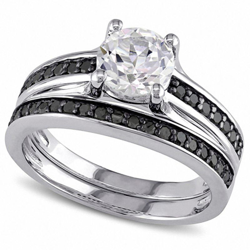 Lab-Created White Sapphire and 0.33 CT. T.W. Enhanced Black Diamond Bridal Engagement Ring Set in Sterling Silver