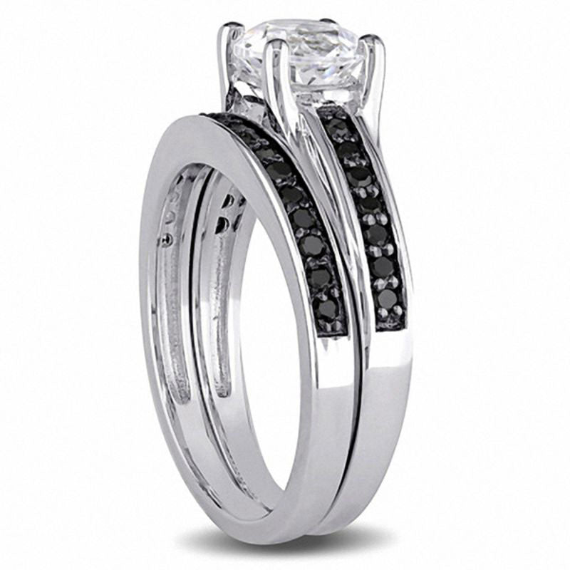 Lab-Created White Sapphire and 0.33 CT. T.W. Enhanced Black Diamond Bridal Engagement Ring Set in Sterling Silver