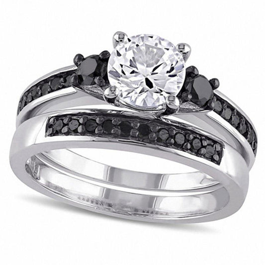 Lab-Created White Sapphire and 0.38 CT. T.W. Enhanced Black Diamond Three Stone Bridal Engagement Ring Set in Sterling Silver