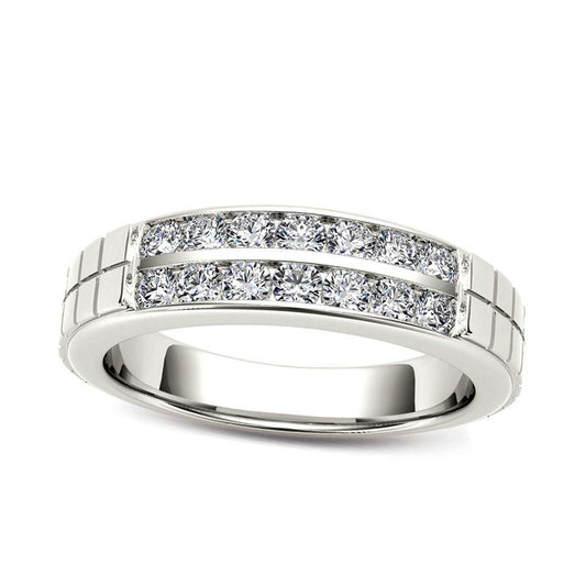 Men's 0.75 CT. T.W. Natural Diamond Two Row Etched Wedding Band in Solid 14K White Gold