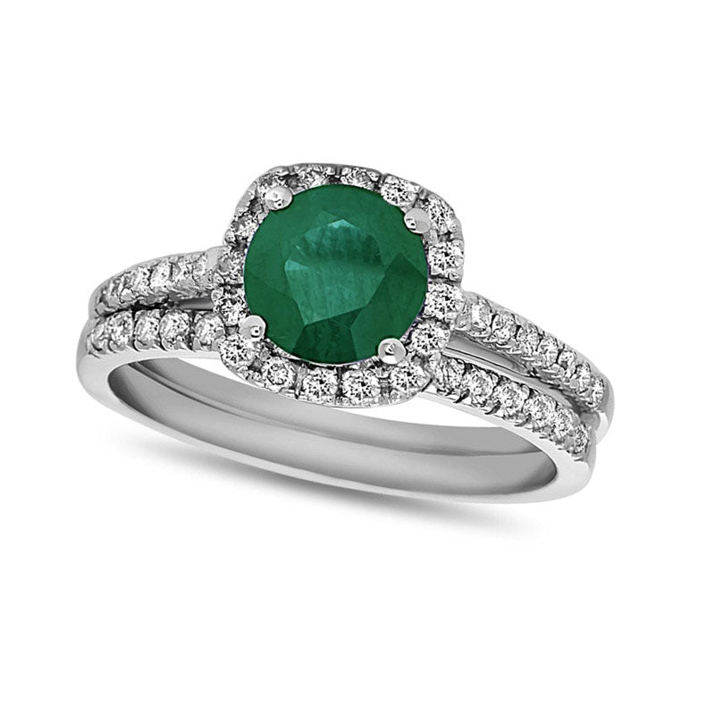 6.0mm Emerald and 0.38 CT. T.W. Natural Diamond Frame Bridal Engagement Ring Set in Solid 14K White Gold