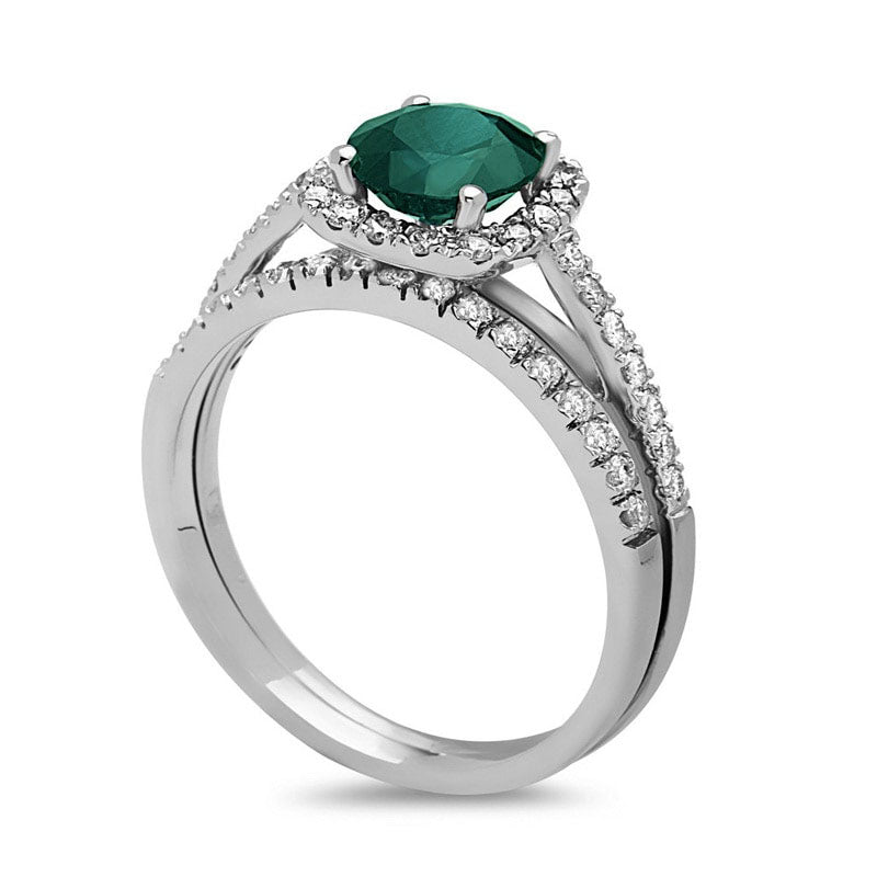 6.0mm Emerald and 0.38 CT. T.W. Natural Diamond Frame Bridal Engagement Ring Set in Solid 14K White Gold