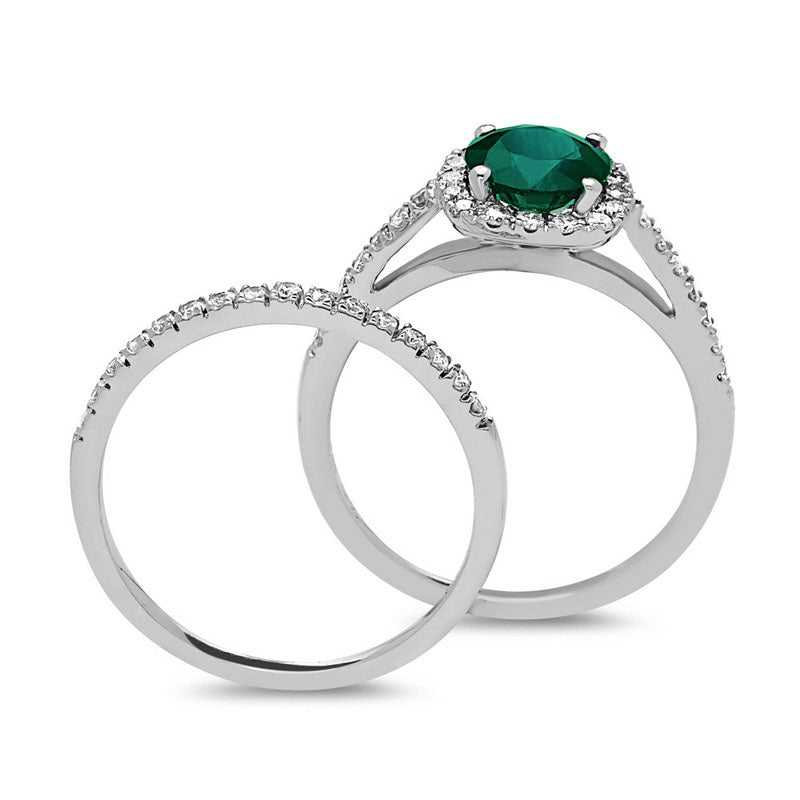 6.0mm Emerald and 0.38 CT. T.W. Natural Diamond Frame Bridal Engagement Ring Set in Solid 14K White Gold