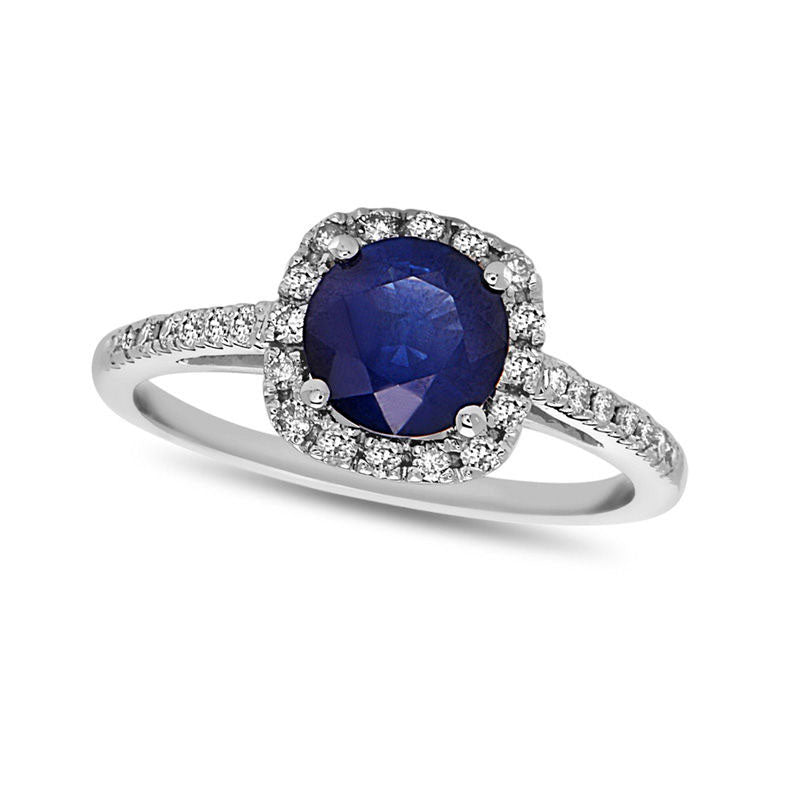 6.0mm Blue Sapphire and 0.25 CT. T.W. Natural Diamond Cushion Frame Engagement Ring in Solid 14K White Gold