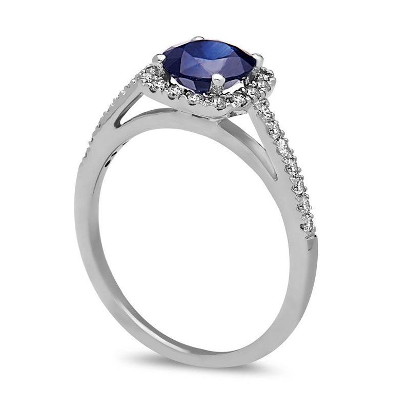 6.0mm Blue Sapphire and 0.25 CT. T.W. Natural Diamond Cushion Frame Engagement Ring in Solid 14K White Gold