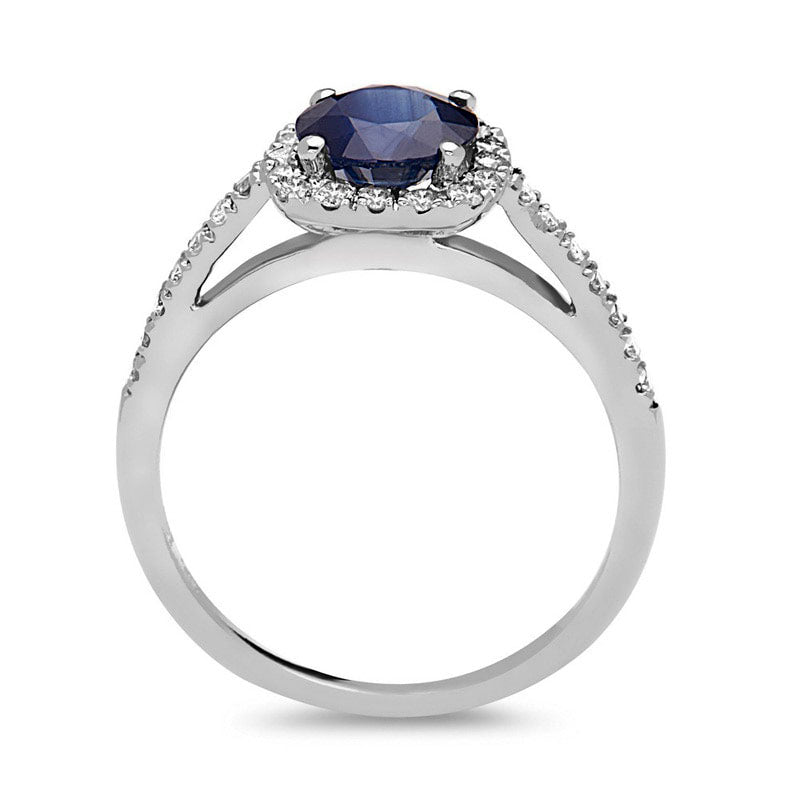 6.0mm Blue Sapphire and 0.25 CT. T.W. Natural Diamond Cushion Frame Engagement Ring in Solid 14K White Gold