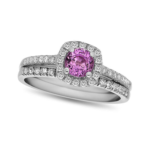 5.0mm Pink Sapphire and 0.38 CT. T.W. Natural Diamond Cushion Frame Bridal Engagement Ring Set in Solid 14K White Gold